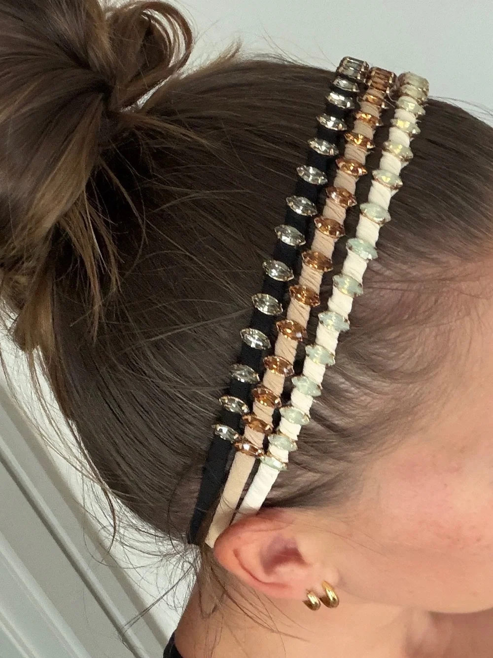 Set of 3 Gemstone Headbands - Black, Rose Gold & Cream